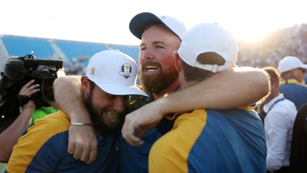 Shane Lowry of Team Europe celebrates after his teams victory during the Sunday singles matches of the 2023 Ryder Cup at Marco Simone Golf Club on October 01, 2023 in Rome