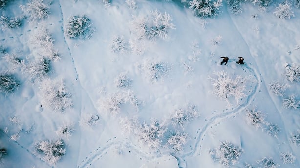An aerial view of two people walking in snow