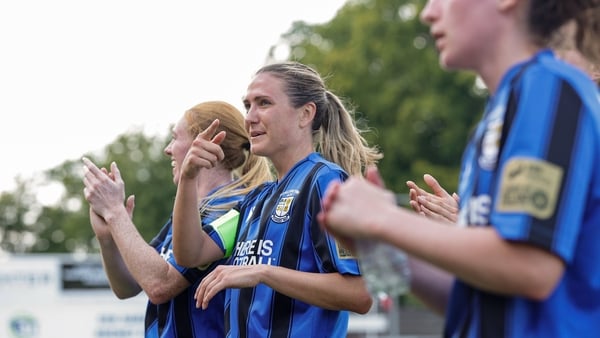 Athlone Town captain Madison Gibson celebrates after her side's match victory in the UEFA Women's Champions League Second Qualifying Round third-place match between Crvena Zvezda and Athlone Town at Sportpark Schreurserve in Enschede, Netherlands.