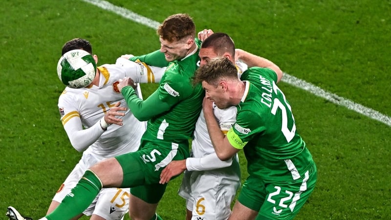 Jake O'Brien, second from left, and Nathan Collins in action against Bulgaria