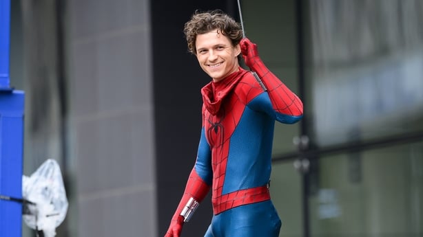 Tom Holland in costumer as Spider-Man on the set of Spider-Man: Brand New Day in Glasgow