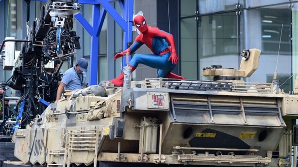 Tom Holland in costumer as Spider-Man on the set of Spider-Man: Brand New Day in Glasgow