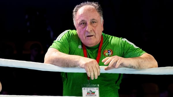Zaur Antia, right, and Lynne McEnery during his the 63.5kg semi-final bout between Dean Clancy of Ireland and Bazarbayuulu Mukhammedsabyr of Kazakhstan at the 76th International Boxing Tournament Strandja semi-finals at Sofia Sports Hall in Sofia, Bulgari