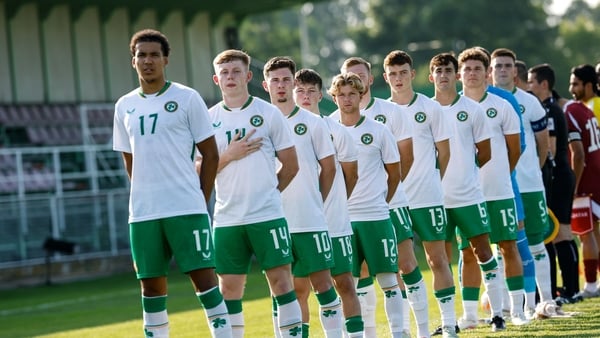 10 June 2025; The Republic of Ireland team stand for the national anthem before the U21 international friendly match between Qatar and Republic of Ireland at Gradski Stadion in Zagreb, Croatia. Photo by Gerry Scully/Sportsfile