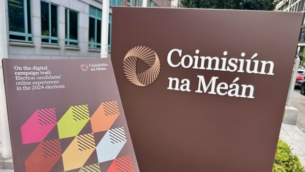 Coimisiún na Meán office sign alongside cover of report on election candidates who experienced online attacks
