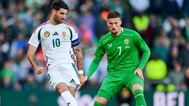 Dominik Szoboszlai of Hungary in action against Matt Doherty of Republic of Ireland during the international friendly match between Republic of Ireland and Hungary at Aviva Stadium in Dublin.