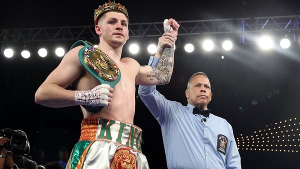 NEW YORK, NEW YORK - MARCH 16: Callum Walsh of Ireland reacts after winning by first round knock out over Dean Sutherland of Scotland during their Super Featherweights fight at The Theater at Madison Square Garden on March 16, 2025 in New York City. (Phot