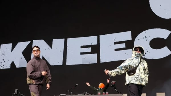 landscape shot of Irish rap trio Kneecap on stage at Electric Picnic 2025