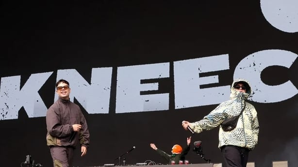 landscape shot of Irish rap trio Kneecap on stage at Electric Picnic 2025