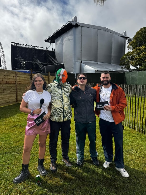 Kneecap pictured with TG4 presenters at Electric Picnic 2025