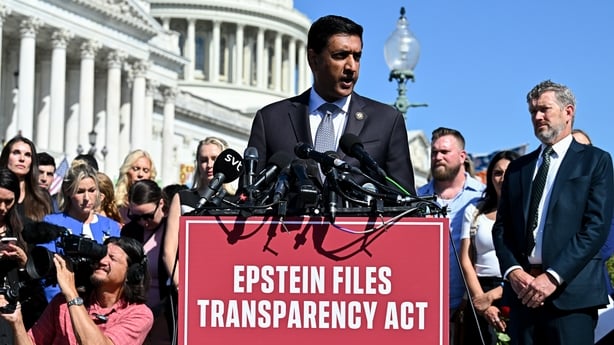 Representative Ro Khanna, a Democrat from California, during a news conference outside the US Capitol in Washington, DC, US, on Wednesday, Sept. 3, 2025. Survivors of deceased financier Jeffrey Epstein's sex trafficking ring called on Congress to pass legislation requiring the Trump administration t