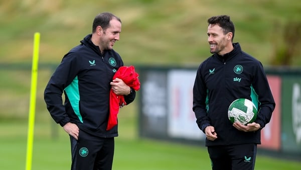 3 September 2025; Assistant head coach John O'Shea and assistant coach Paddy McCarthy, right, during a Republic of Ireland training session at the FAI National Training Centre in Abbotstown, Dublin. Photo by Stephen McCarthy/Sportsfile