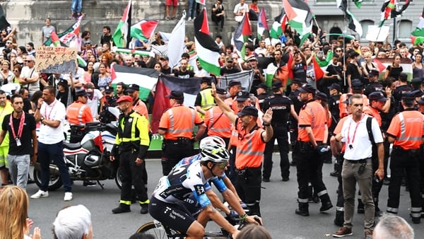 Riders redirected due to the presence of pro-Palestinian protesters at the finish line.during the La Vuelta - 80th Tour of Spain 2025, Stage 11 a 157.4km stage from Bilbao to Bilbao / Due to incidents at the finish line, the official times for the GC were