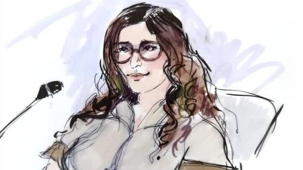 a court sketch shows a woman with glasses sitting in a courtroom