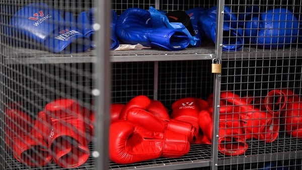 21 January 2023; The boxing glove cage before bouts at the IABA National Elite Boxing Championships Finals at the National Boxing Stadium in Dublin. Photo by Seb Daly/Sportsfile