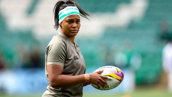 31 August 2025; Eimear Corri-Fallon of Ireland warms up before the Women's Rugby World Cup 2025 Pool C match between Ireland and Spain at Franklin's Gardens in Northampton, England. Photo by Harry Murphy/Sportsfile
