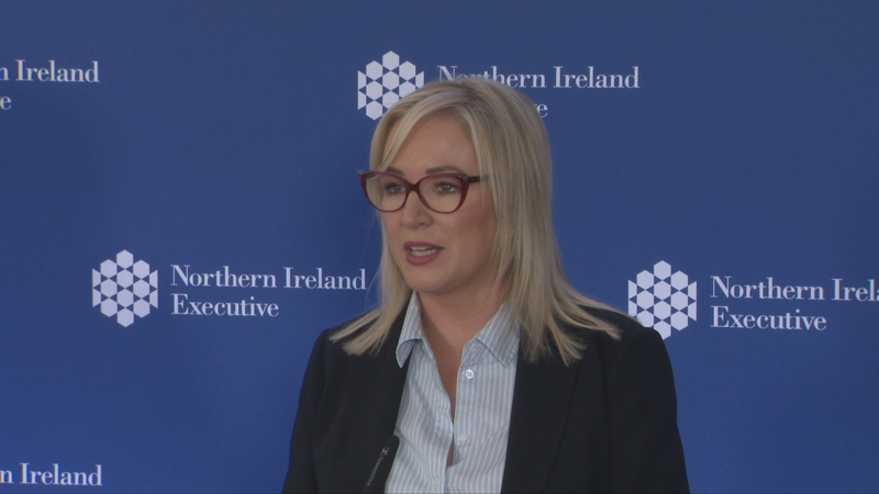 Michelle O'Neill speaking to reporters at Stormont
