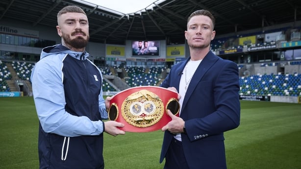 BELFAST, NORTHERN IRELAND - JULY 28: Lewis Crocker and Paddy Donovan face off at Clearer Twist National Stadium at Windsor Park ahead of their IBF World Title Fight on July 28, 2025 in Belfast, Northern Ireland. (Photo by Mark Robinson/Matchroom Boxing/Getty Images)