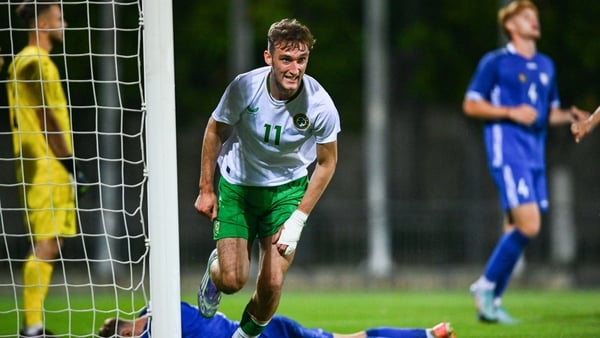 4 September 2025; Mason Melia of Republic of Ireland celebrates after scoring his side's second goal during the UEFA European U21 Championship qualifier match between Moldova and Republic of Ireland at Nisporeni Central Stadium in Nisporeni, Moldova. Phot