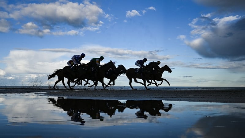 Runners and riders during the Pride Of Place Maiden at Laytown Strand