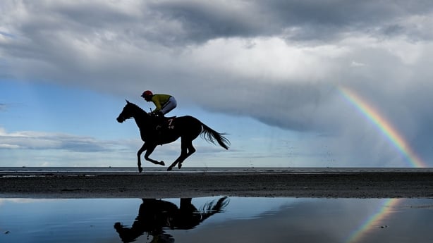 4 September 2025; Ferrybank, with Harry Swan up, goes to post before the Download The New Tote App Handicap at Laytown Strand in Laytown, Meath. Photo by David Fitzgerald/Sportsfile