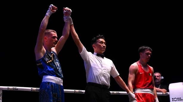 LIVERPOOL, ENGLAND - SEPTEMBER 04: Jacob Cassar of Australia in blue celebrates his win against Adam Brian Hession of Ireland in red during the World Boxing Championships at M&S Bank Arena on September 04, 2025 in Liverpool, England. (Photo by Ben Roberts Photo/Getty Images)