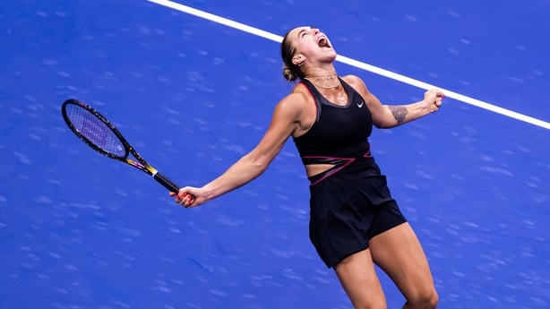 Aryna Sabalenka celebrates after defeating Jessica Pegula of the United States in the Women's Semifinal on Day 12 of the US Open at USTA Billie Jean King National Tennis Center on September 04, 2025 in the Flushing neighborhood of the Queens borough of New York City.