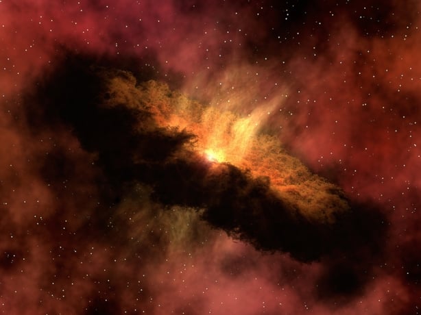 This artist's concept shows a young star surrounded by a dusty protoplanetary disk.