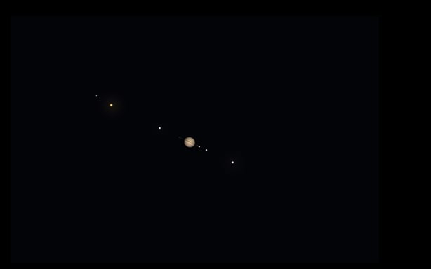 Saturn as seen through a modest telescope on November 17th. Various moons are seen, and perhaps, Saturn's rings as a thin line across its equator.