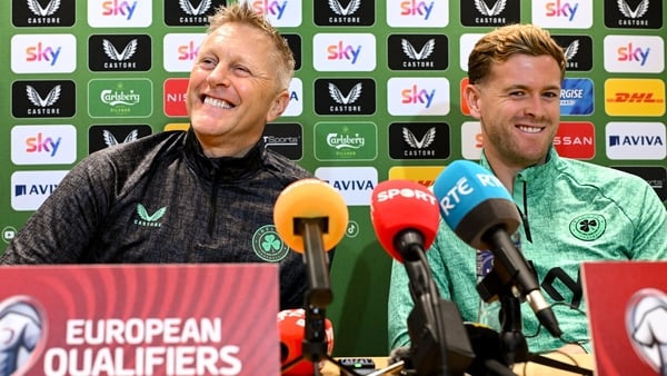 5 September 2025; Head coach Heimir Hallgrimsson and Nathan Collins during a Republic of Ireland media conference at the FAI National Training Centre in Abbotstown, Dublin. Photo by Stephen McCarthy/Sportsfile