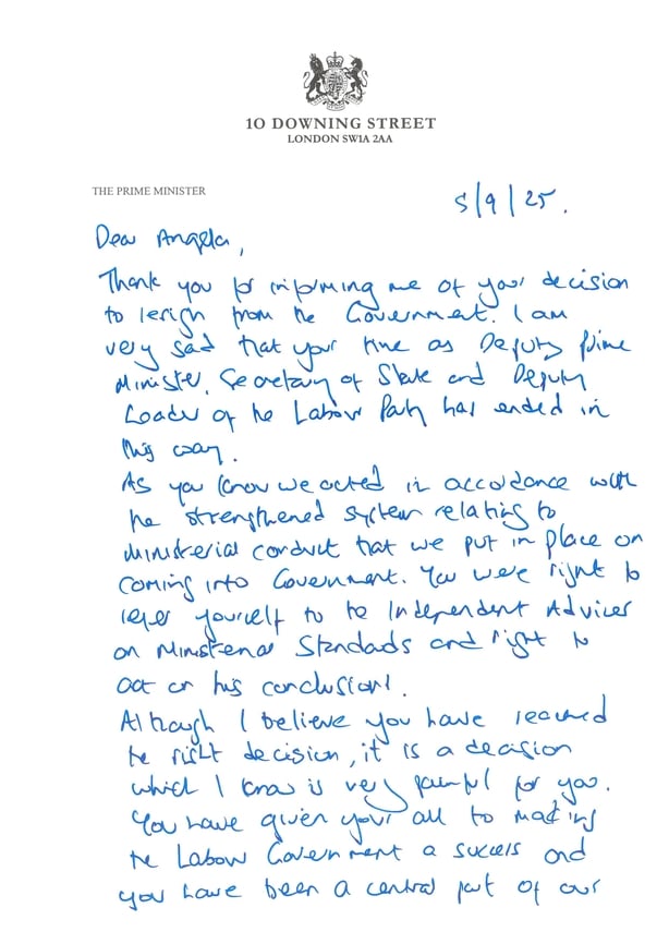 A view of the first page of Prime Minister Sir Keir Starmer's letter to Angela Rayner