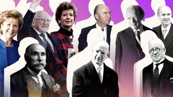Image is a collage of each of the nine former Presidents of Ireland