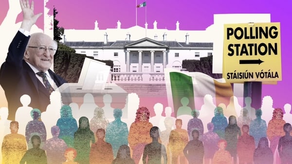 Image is a collage of images of things related to the Presidential Election - President Michael D Higgins, a crowd of people, the Áras, a polling station sign and the Irish flag