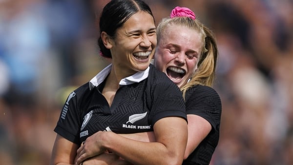 EXETER, ENGLAND - AUGUST 31:New Zealand's Braxton Sorensen-McGee celebrates scoring with New Zealand's Jorja Miller during the Women's Rugby World Cup 2025 Pool C match between New Zealand and Japan at Sandy Park on August 31, 2025 in Exeter, England. (Ph