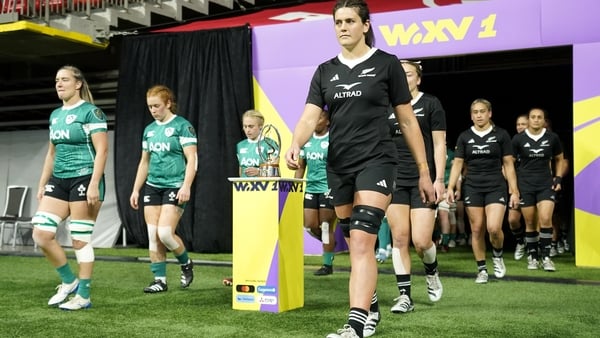 VANCOUVER, BRITISH COLUMBIA - SEPTEMBER 29: Chelsea Bremner of New Zealand and Edel McMahon of Ireland walk onto the ground before the WXV1 Pool match between New Zealand and Ireland at BC Place on September 29, 2024 in Vancouver, British Columbia. (Photo