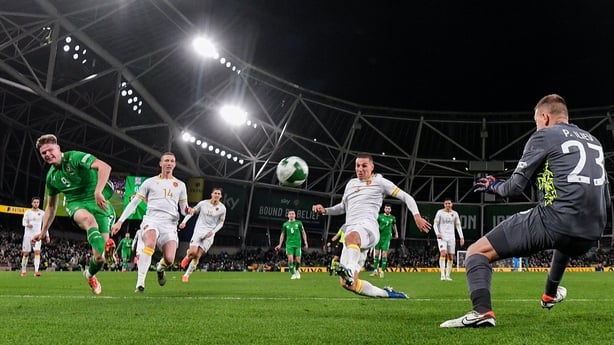 23 March 2025; Evan Ferguson of Republic of Ireland shoots to score his side's first goal during the UEFA Nations League B/C Play-off 2nd Leg match between Republic of Ireland and Bulgaria at the Aviva Stadium in Dublin. Photo by Stephen McCarthy/Sportsfile