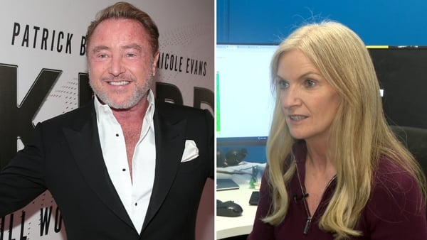 Michael Flatley looks at the camera while wearing a suit in front of a movie poster/Joanna Donnelly stares off camera with a computer in the background