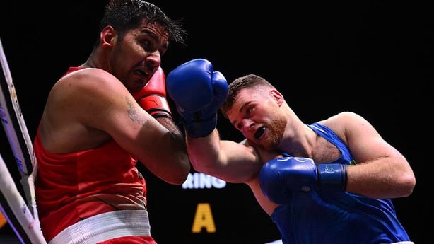 LIVERPOOL, ENGLAND - SEPTEMBER 05: Narender Narender from India in red Martin Christopher McDonagh from Ireland in blue during the World Boxing Championships at M&S Bank Arena on September 05, 2025 in Liverpool, England. (Photo by Ben Roberts Photo/Getty Images)