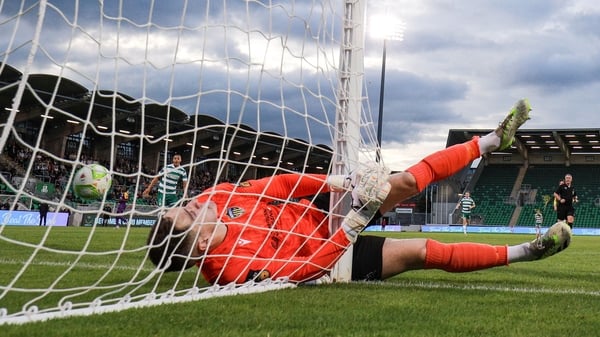 18 July 2025; Wexford goalkeeper Paul Martin makes a save during the Sports Direct Men’s FAI Cup second round match between Shamrock Rovers and Wexford at Tallaght Stadium in Dublin. Photo by Thomas Flinkow/Sportsfile