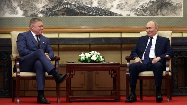 BEIJING, CHINA - SEPTEMBER 2 (RUSSIA OUT) Russian President Vladimir Putin (R) and Slovak Prime Minister Robert Fico (L) smile during their bilateral meeting, September 2, 2025, in Beijing, China. Presidengt Putin is visiting China and will attend a military parade in Beijing to celebrate the 80th a