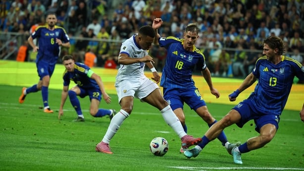 Kylian Mbappe plays during the match between Ukraine and France
