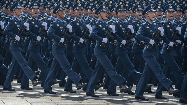 BEIJING, CHINA - SEPTEMBER 3: Chinese soldiers march during a military parade marking the 80th anniversary of victory over Japan and the end of World War II, in Tiananmen Square on September 3, 2025, in Beijing, China. China's Victory Day military parade