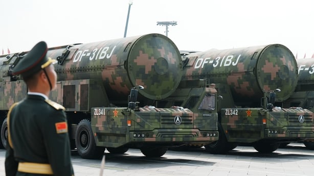 BEIJING, CHINA - SEPTEMBER 03: The nuclear missile formation consisting of DF-31BJ land-based intercontinental missiles marches through Tian'anmen Square during V-Day military parade to commemorate the 80th anniversary of the victory in the Chinese People's War of Resistance against Japanese Aggress