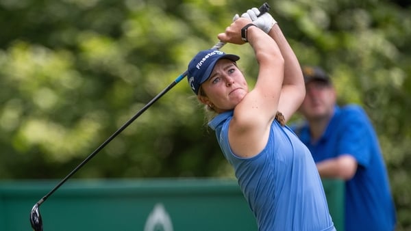 Mimi Rhodes of England tees off on hole 3 during the final round of the PIF London Championship at The Centurion Club on August 10, 2025 in St Albans, England.