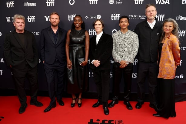 TORONTO, ONTARIO - SEPTEMBER 05: (L-R) Alan Moloney, Tim Mielants, Simbi Ajikawo aka Little Simz, Cillian Murphy, Jay Lycurgo, Max Porter, and Tracey Ullman attend Netflix's "Steve" world premiere on September 05, 2025 in Toronto, Ontario. (Photo by Tommaso Boddi/Getty Images for Netflix)