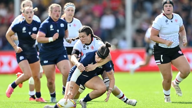 Fabiola Forteza of Canada tackles Lisa Thomson of Scotland during the Women's Rugby World Cup 2025 Pool B match between Canada and Scotland 