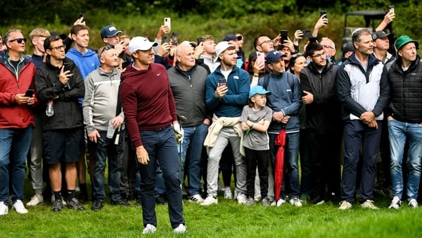Rory McIlroy of Northern Ireland watches his shot from the rough on the third fairway during day three of the Amgen Irish Open Golf Championship 2025 at The K Club