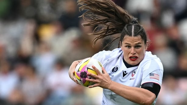 United States' centre Ilona Maher makes a break during the Women's Rugby World Cup pool A match between United States and Samoa at York Community Stadium, York, northern England,