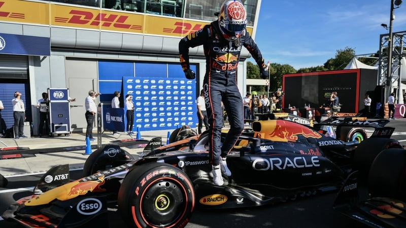 Max Verstappen jumps for joy from his car after claiming his first pole since the British GP in July
