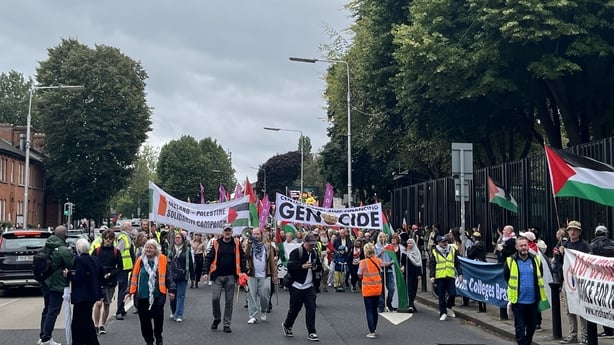 Pro-Palestine protesters in Dublin holding banners and flags 